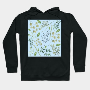 Blue Green summer leaves watercolour pattern Hoodie